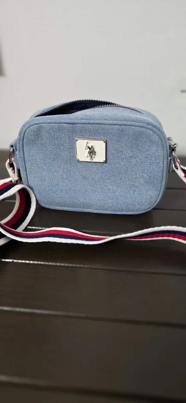 US Polo Assn Mens Light Blue Denim Camera Bag Crossbody Shoulder Purse Blue Red